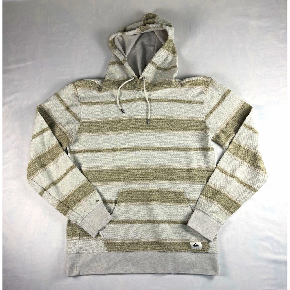 Quiksilver Retro Men's Gray/Beige Striped Pullover Surf Hoodie Logo Size M